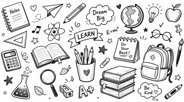 Hand-drawn doodles of school supplies, science symbols, motivational phrases, and learning tools arranged in a playful educational collage.