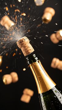 Dynamic close up of a champagne bottle cork popping with sparkling splashes on black background.