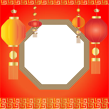 Traditional Chinese style frame background with lanterns and cloud pattern decoration.