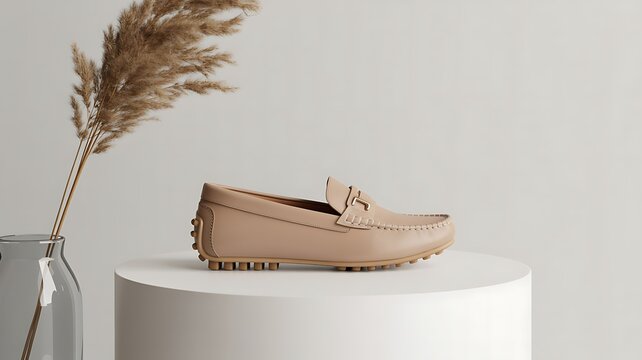 Elegant product photography of a single beige leather loafer on a white pedestal with dried grass
