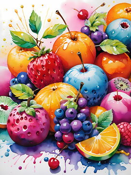 Vibrant digital art of a colorful pile of fresh fruits apples oranges and grapes with energetic watercolor splatters on background
