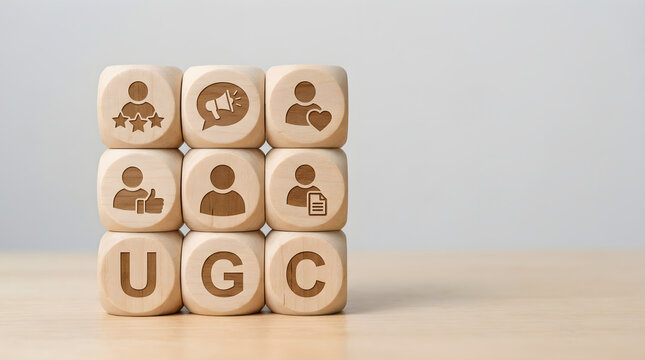 User Generated Content Strategy Concept with Wooden Blocks on Grey Studio Background