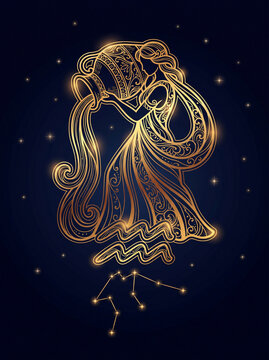 Aquarius zodiac sign, luxury golden astrology symbol on navy blue background with constellation, elegant air horoscope water bearer emblem for calendar, card and social media design
