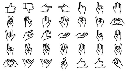 Outline icons set of diverse hand gestures and body language signals. © Akter