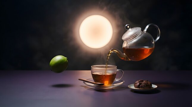 A serene composition featuring a glass teapot pouring tea into a cup under a glowing full moon during the traditional mid autumn festival china celebration