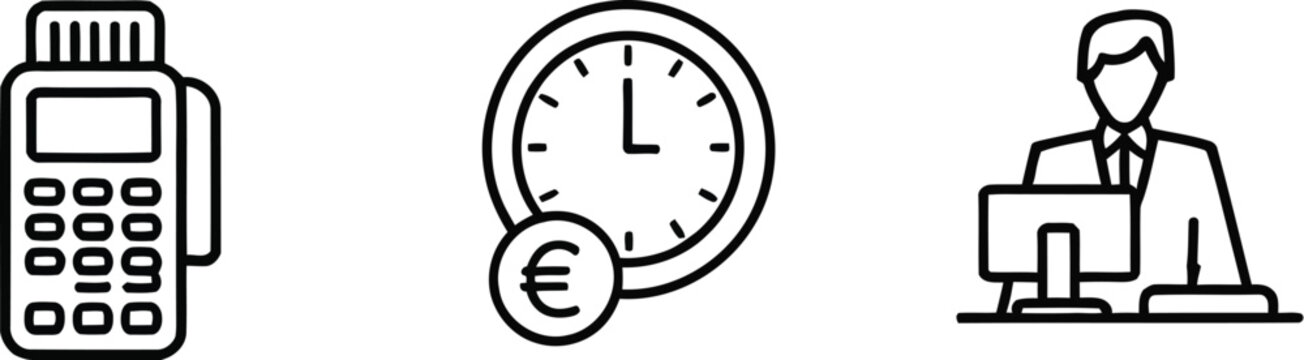 Collection of black outline business icons featuring card reader machine euro time money management and employee working at office desk.
