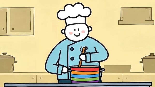 Smiling cartoon chef character in uniform stirs a colorful rainbow pot with a wooden spoon in a domestic kitchen setting, cooking illustration