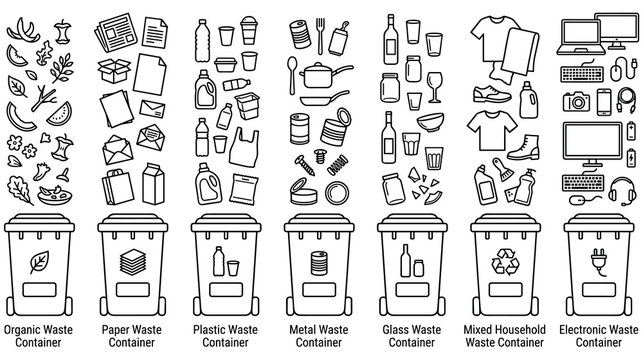 Waste management sorting icons for different types of recycle bins set.
