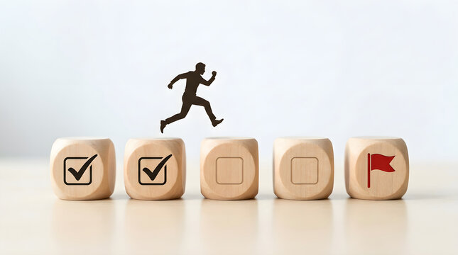 Project Milestone Achievement Concept with Wooden Cubes on a White Background