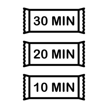 Vector line art illustration of tobacco portion packets with time limit indicators for holding nicotine pouches under lip.