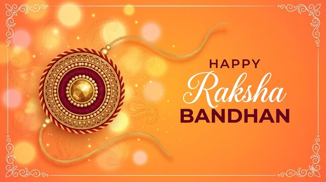 Happy Raksha Bandhan Festival Poster Vector Background with Decorative Golden Rakhi Thread and Bokeh Lighting