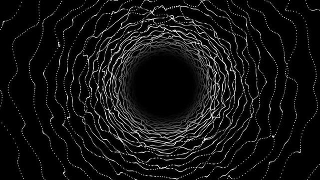 Abstract Black and White Spiral Wave Tunnel Background with Blue Light Lines, Fractal Circle Pattern, Modern Technology Texture and Futuristic Vector Design Element
