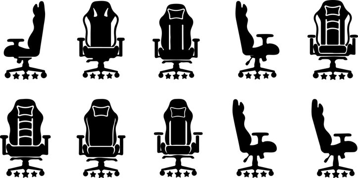 Office and gaming chair silhouettes collection, ergonomic furniture concept, minimal black vector illustration showing adjustable seats with headrests and armrests