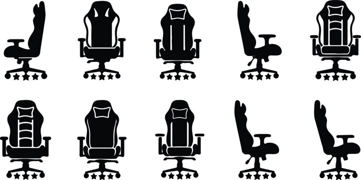 Office and gaming chair silhouettes collection, ergonomic furniture concept, minimal black vector illustration showing adjustable seats with headrests and armrests