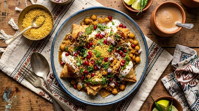 Samosa chaat served on a rustic plate, traditional indian street food with chickpeas, perfect for World Samosa Day
