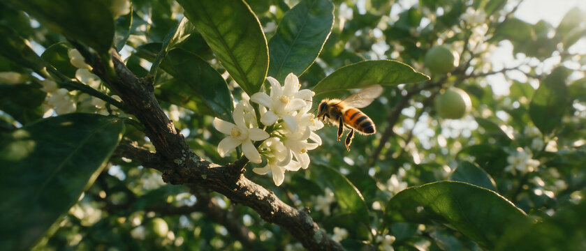 Honey bee taking off from flower in a garden setting