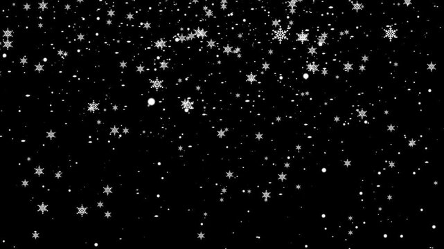 Realistic white snowflakes falling over black background with seamless winter overlay loop for holiday motion graphics