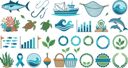 Sustainable fishing and marine conservation vector icon set featuring commercial trawler boats nets tuna turtles dolphins reef corals and infographics © Monirul