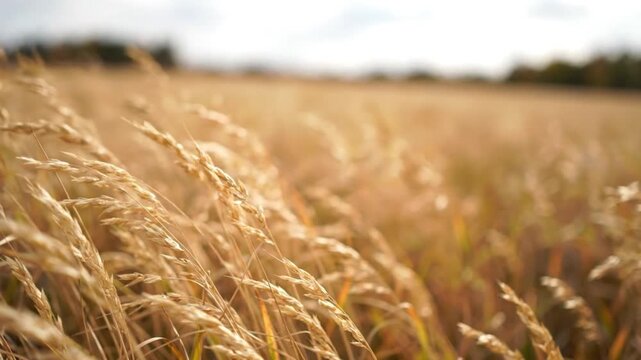 Golden Field of Wheat Swaying Gently in the Wind with a Bright Blurred Background Capturing Peaceful Rural Scenery
