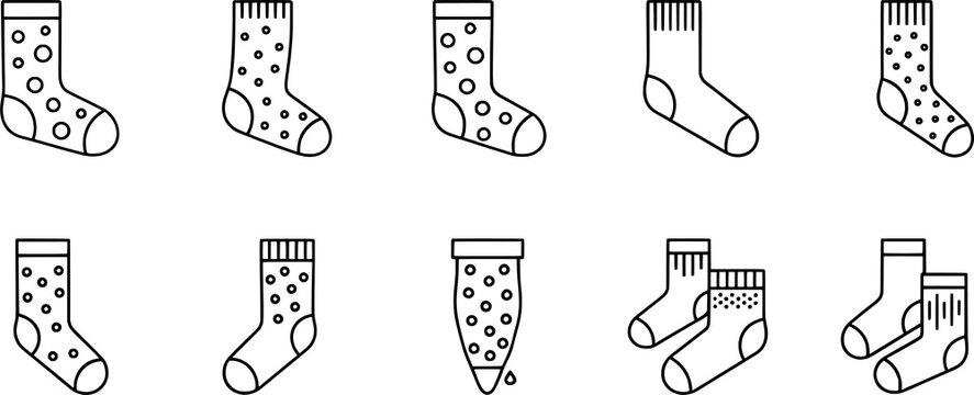 Black and white patterned sock icons, fashion vector illustration set, clothing design collection, minimal footwear artwork, cozy apparel symbols