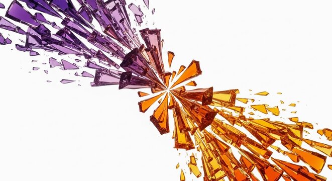 Abstract 3D illustration of purple and orange crystalline shards exploding outward from a central point on a clean white background.