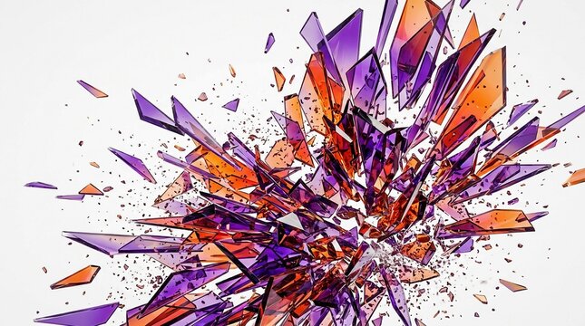 Abstract illustration of vibrant purple and orange crystal shards shattering and exploding outwards against a clean white background.