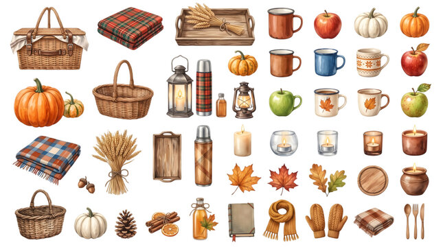 Collection of various autumn themed objects including pumpkins baskets mugs and cozy blankets isolated on transparent background
