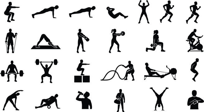 Fitness Exercises, Gym Workouts, and Weightlifting Silhouettes Set for Health and Athletic Graphic Projects - Editable Vector Illustration
