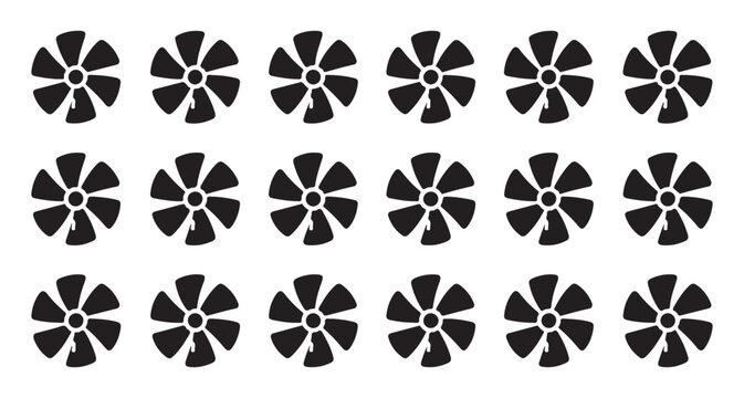 Collection of black vector ceiling fan icons isolated on transparent background design.