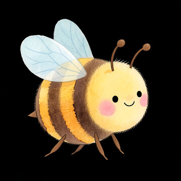 Smiling cartoon bee with transparent wings and black stripes on black background.