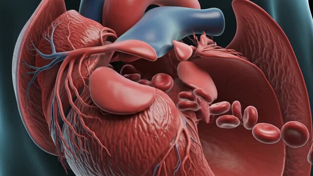 A 10-second 16:9 3D medical animation video loop of a realistic human mitral heart valve opening and closing in a smooth, rhythmic 60 BPM heartbeat motion. Camera is fixed at a 45-degree angle inside 