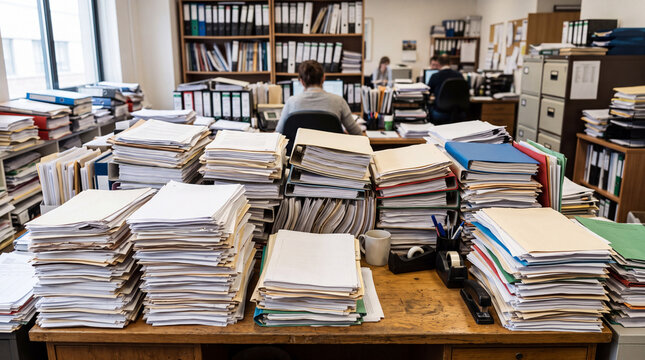A chaotic office desk cluttered with massive stacks of paperwork, documents, and folders in a busy archive room