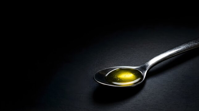 Golden olive oil sitting on a silver spoon against a black background