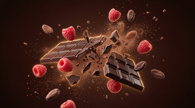 Food Advertising Compositions Premium Dark Chocolate with Fresh Raspberries and Cocoa Beans in Dynamic Floating Arrangement