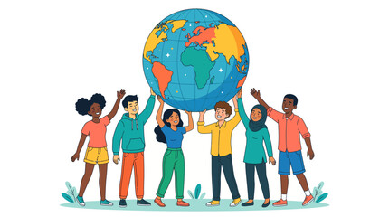 Fototapeta premium Diverse group of people from around the world holding up the Earth, symbolizing unity, cooperation, and global connection in a shared effort
