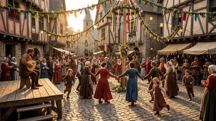 Obraz premium Medieval villagers dancing around maypole in town square. Man musician playing lute on wooden stage. Traditional spring celebration in ancient village. Folk culture and community festivity.