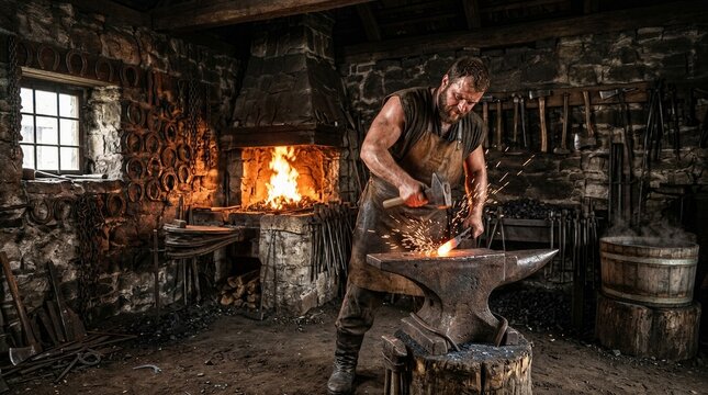 Blacksmith hammering hot glowing metal on anvil in traditional forge workshop. Artisan shaping steel with sparks flying. Authentic manual labor, medieval craft and manufacturing skill.