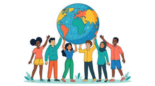 Diverse group of people from around the world holding up the Earth, symbolizing unity, cooperation, and global connection in a shared effort