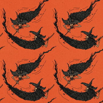 Hand-drawn vintage fineliner seamless dark fantasy pattern of creepy witches flying on broomsticks on grunge terracotta for Halloween textiles, gothic home decor, horror-themed wrapping paper, apparel