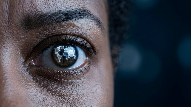 Human eye with a glowing world map reflection representing global vision