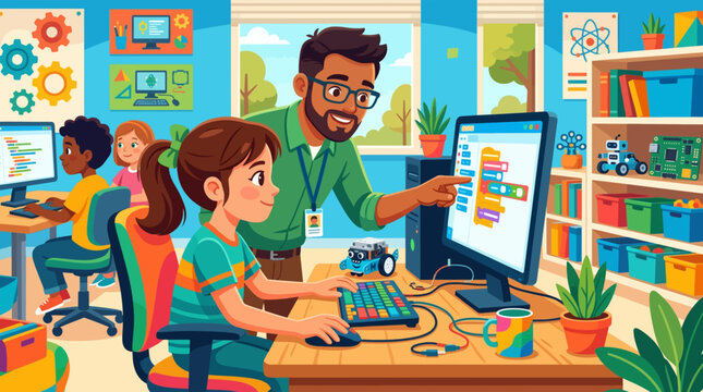 Teacher guiding children in coding class with robots and computers