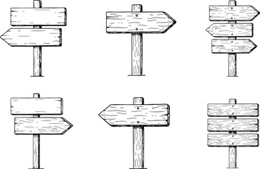Vintage Wooden Direction Signboard Set with Rustic Arrow Signs Hand Drawn Outdoor Guide Collection © MdAbdullahAl
