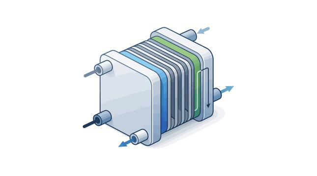 Isometric hydrogen fuel cell stack illustration representing clean energy technology, renewable power generation, and green electrochemical system
