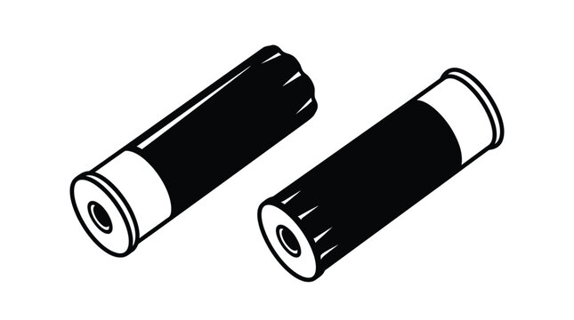 Two black shotgun shells illustrated in minimalist flat vector style for hunting and shooting sports equipment