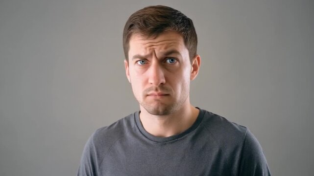 skeptical young man showing doubtful facial expressions, slow motion
