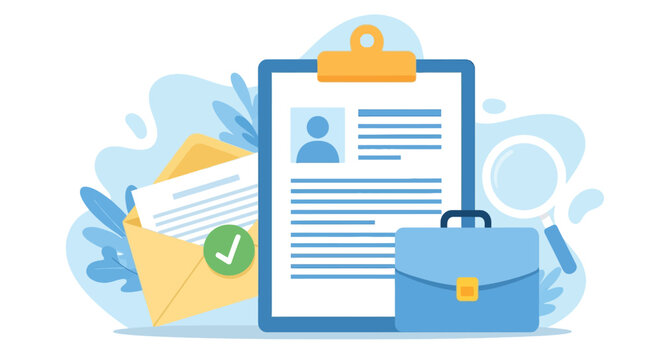 Professional resume document on clipboard with briefcase and magnifying glass representing job search and career development concept.