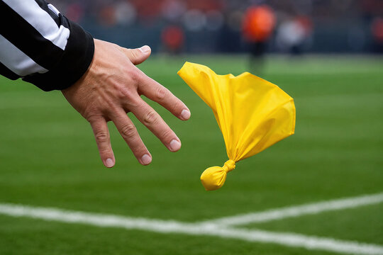 American football referee hand throwing a yellow penalty flag on the field during a professional match, sports officiating and rule violation concept.
