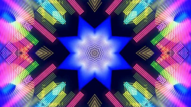 Abstract Colorful Light Explosion with Psychedelic Fractal Pattern, Geometric Rainbow Design, Vibrant Digital Art Background with Pink Blue Yellow Green and Purple Texture
