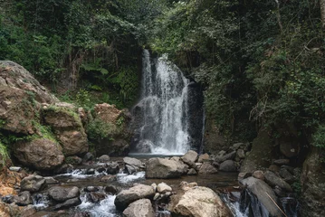 Fotobehang Bos rivier Beautiful Cipamingkis Waterfall surrounded by lush tropical forest in Bogor, West Java, Indonesia, ideal for travel, nature, and ecotourism concepts  © krisbiantography