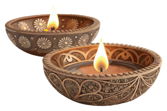 Two ornate Diwali Diyas are burning on a white background